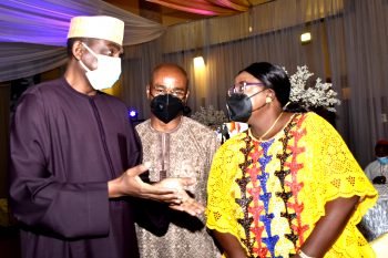 Outgoing Director of Information, State House, Sir Stephen Attah, (Centre) with his wife Mrs Kate Esa and the Permanent Secretary, State House, Tijjani Umar (left) at the send-off ceremony to mark Attah's retirement from the Federal Civil Service on Saturday, February 27, 2021 at the State House Conference Centre, Abuja.  
